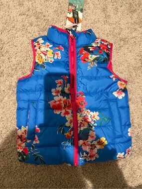 Joules Bright Blue Floral Puffer Vest with Pink Trim